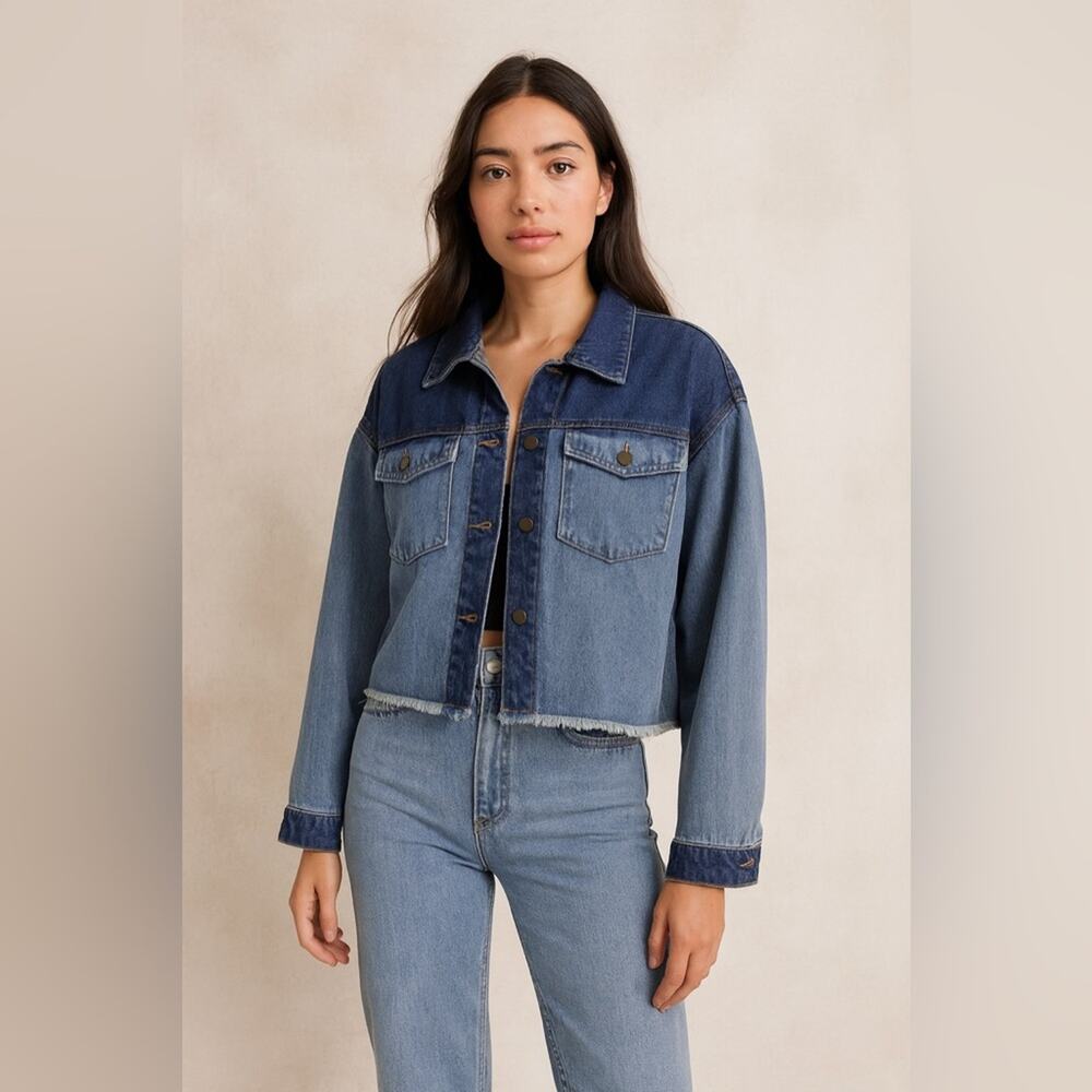 Thread & Supply Denim Jacket Size M Blue Cropped Fringe Hem